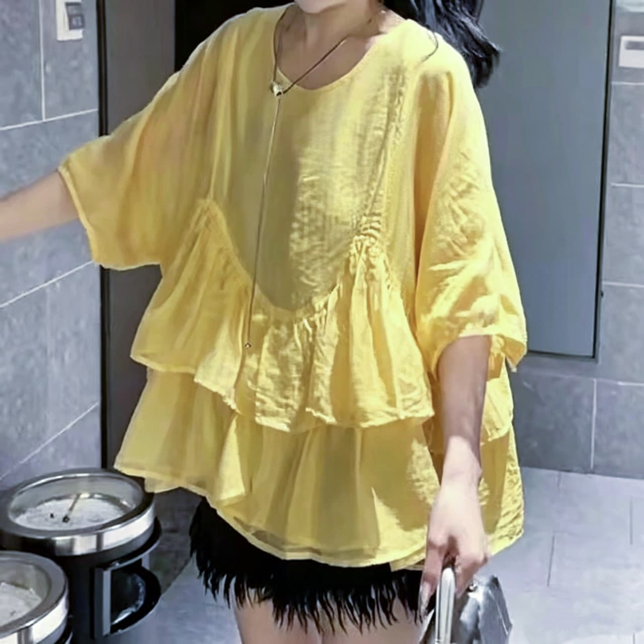 재고 있음 빅 사이즈 프랑스식 프릴 5 점 소매 셔츠 여름 지방 mm 한 부서 광장 칼라 루즈핏 인형 셔츠 쉬폰 톱 상세 이미지 14