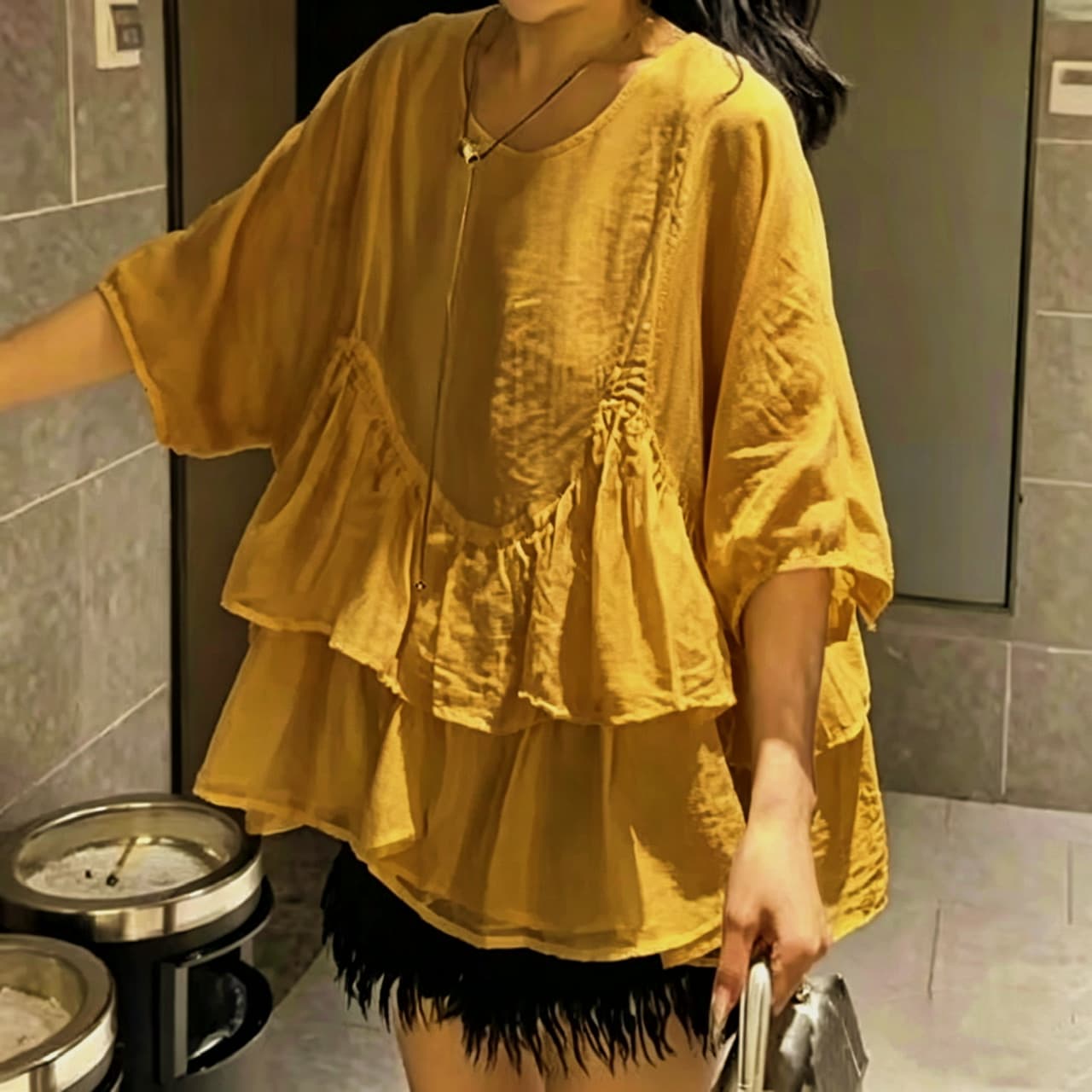 재고 있음 빅 사이즈 프랑스식 프릴 5 점 소매 셔츠 여름 지방 mm 한 부서 광장 칼라 루즈핏 인형 셔츠 쉬폰 톱 상세 이미지 15