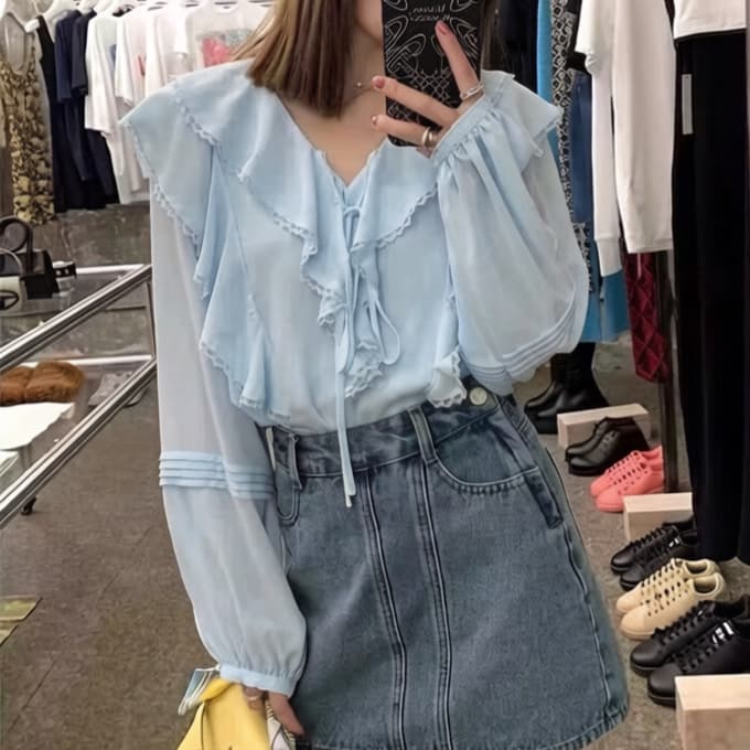 재고 있음 프랑스식 V넥 Chic 긴팔 여성 셔츠 작은 키 새로운 디자인 센스 작은 대중 품격 프릴 맨위 이미지 2