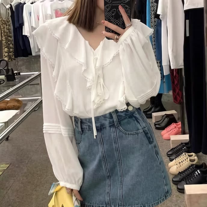 재고 있음 프랑스식 V넥 Chic 긴팔 여성 셔츠 작은 키 새로운 디자인 센스 작은 대중 품격 프릴 맨위 상세 이미지 5