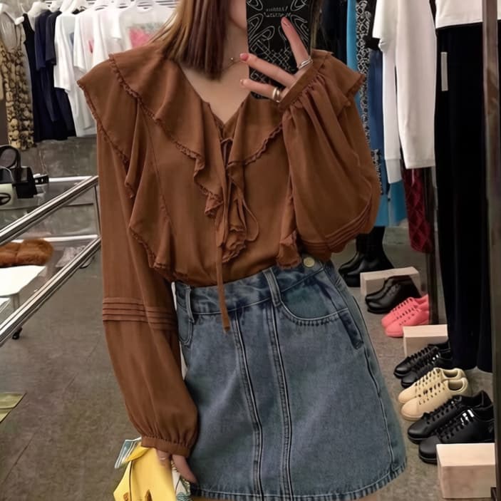 재고 있음 프랑스식 V넥 Chic 긴팔 여성 셔츠 작은 키 새로운 디자인 센스 작은 대중 품격 프릴 맨위 상세 이미지 8