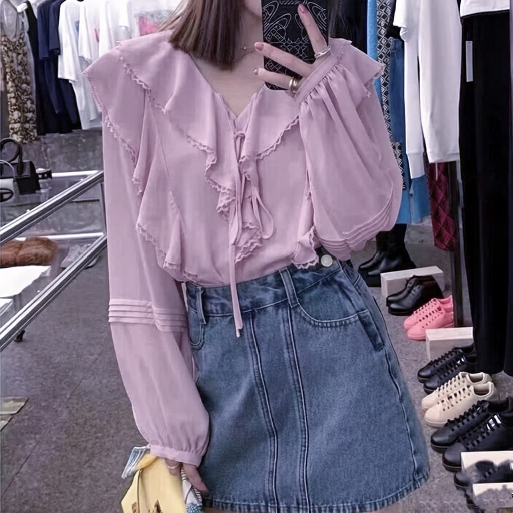 재고 있음 프랑스식 V넥 Chic 긴팔 여성 셔츠 작은 키 새로운 디자인 센스 작은 대중 품격 프릴 맨위 상세 이미지 11