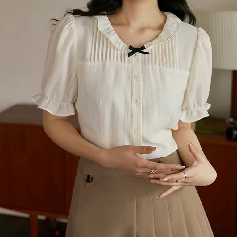 재고 있음 빅 사이즈 여성 의류 프랑스식 달콤함 프릴 장기 Pleat 작은 셔츠 여성 여름 마이크로 지방 mm 슬림해 보이는 셔츠 맨위 이미지 4