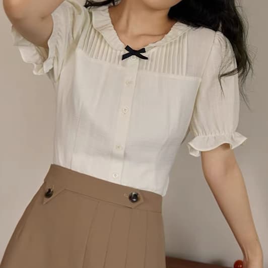 재고 있음 빅 사이즈 여성 의류 프랑스식 달콤함 프릴 장기 Pleat 작은 셔츠 여성 여름 마이크로 지방 mm 슬림해 보이는 셔츠 맨위 이미지 3