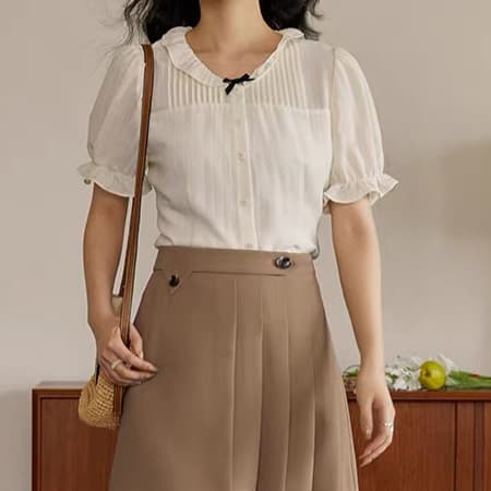 재고 있음 빅 사이즈 여성 의류 프랑스식 달콤함 프릴 장기 Pleat 작은 셔츠 여성 여름 마이크로 지방 mm 슬림해 보이는 셔츠 맨위 상세 이미지 2