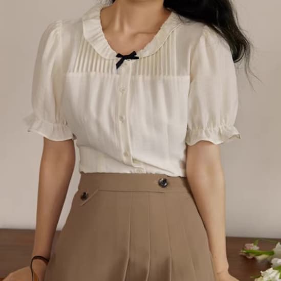 재고 있음 빅 사이즈 여성 의류 프랑스식 달콤함 프릴 장기 Pleat 작은 셔츠 여성 여름 마이크로 지방 mm 슬림해 보이는 셔츠 맨위 상세 이미지 3