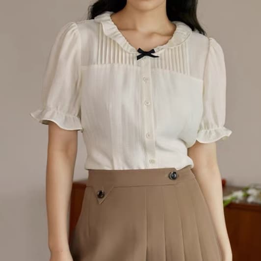 재고 있음 빅 사이즈 여성 의류 프랑스식 달콤함 프릴 장기 Pleat 작은 셔츠 여성 여름 마이크로 지방 mm 슬림해 보이는 셔츠 맨위 상세 이미지 4