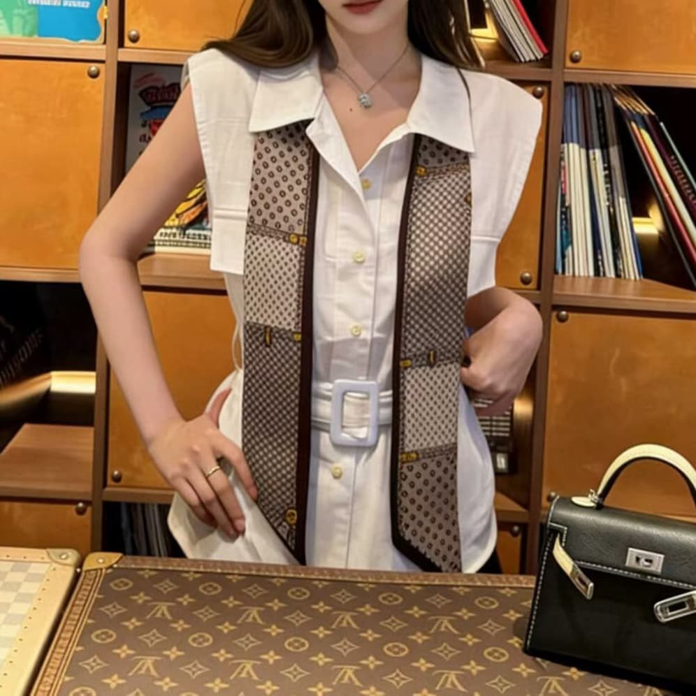 재고 있음 오래된 돈 바람 아마 폴로 칼라 반팔 여성 셔츠 여름 새로운 스카프 장식 레이스업 다용도 맨위