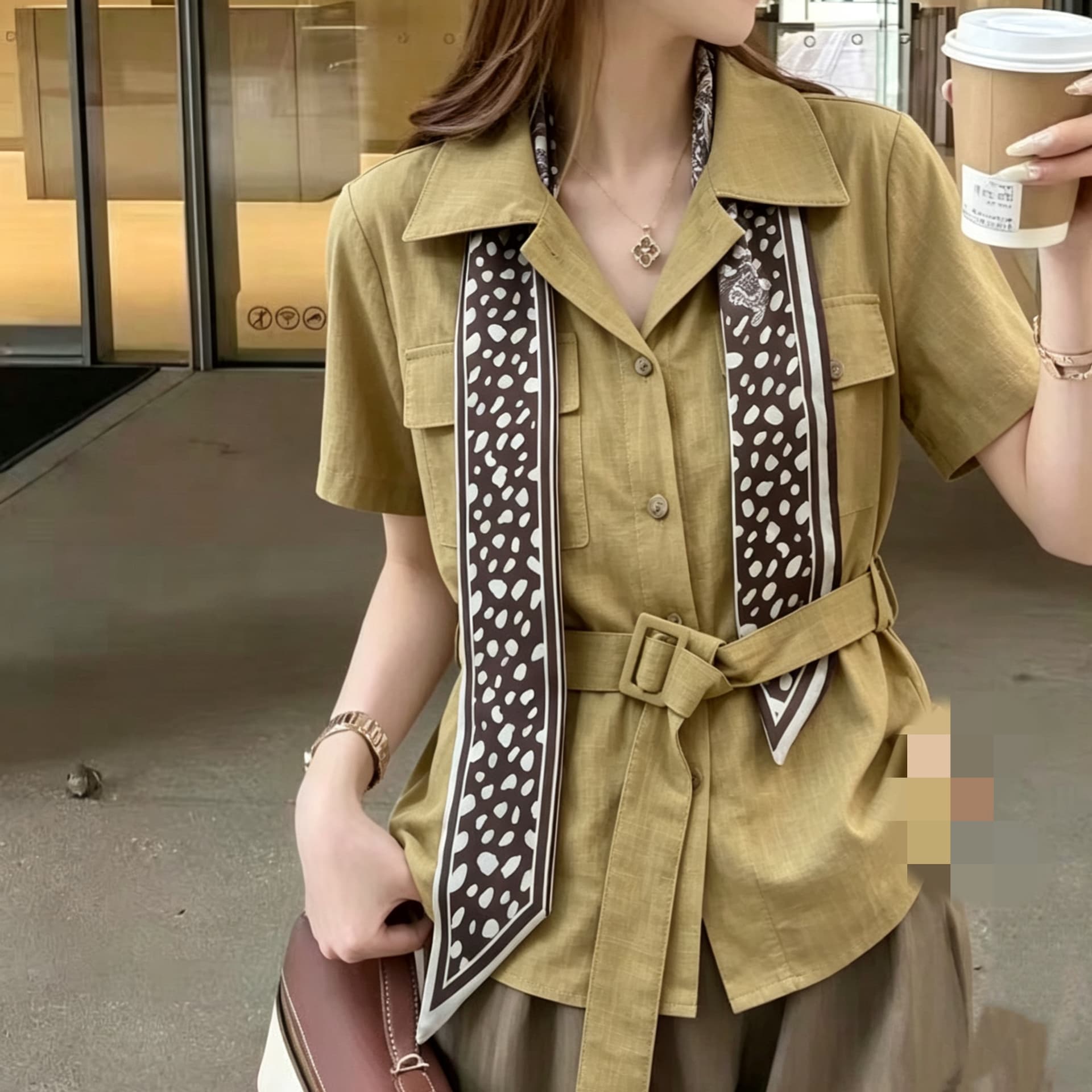 재고 있음 오래된 돈 바람 아마 폴로 칼라 반팔 여성 셔츠 여름 새로운 루즈핏 레이스업 허리 수축 다용도 맨위