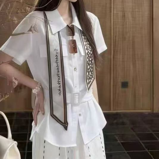 재고 있음 오래된 돈 바람 아마 폴로 칼라 반팔 여성 셔츠 여름 새로운 루즈핏 레이스업 허리 수축 다용도 맨위 상세 이미지 7