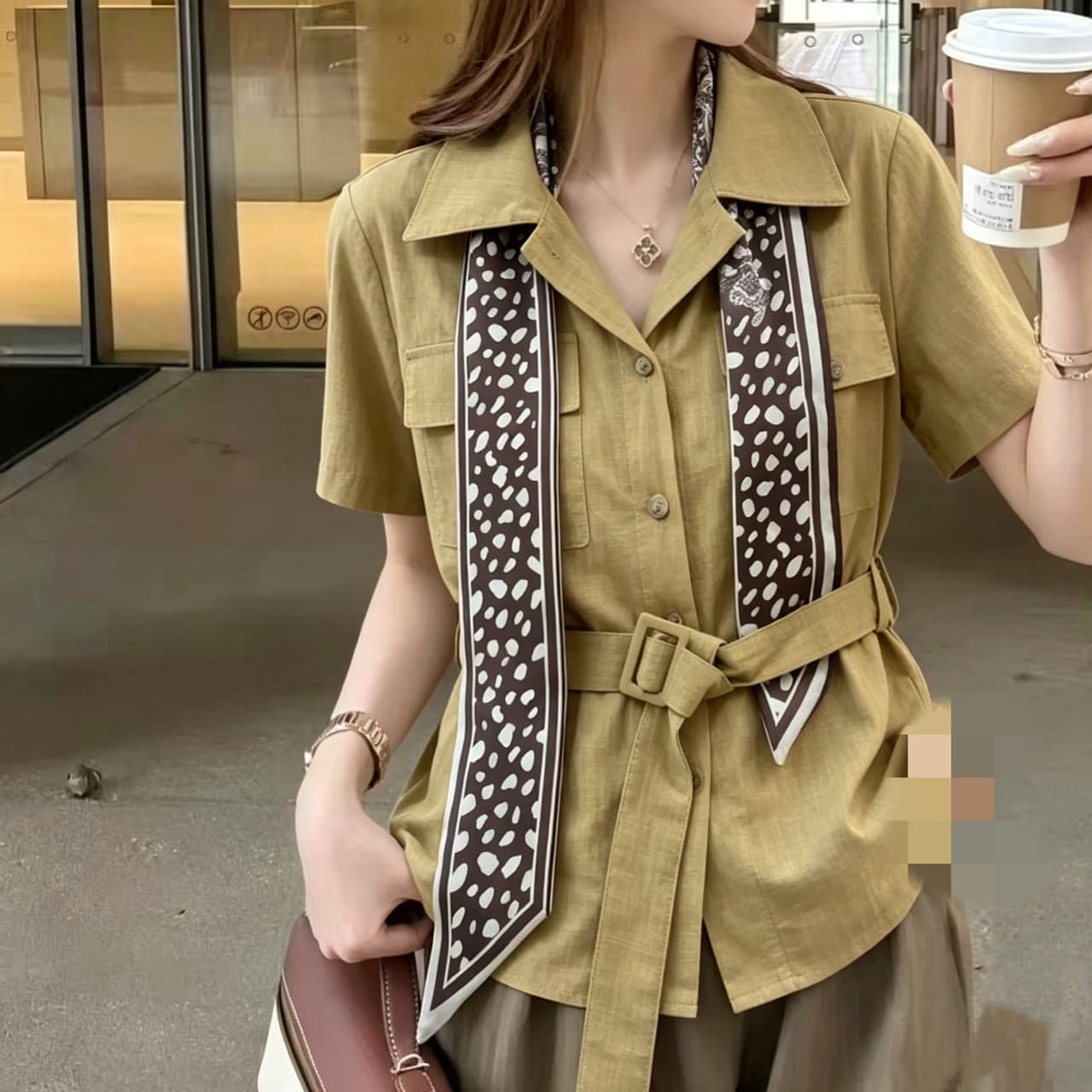 재고 있음 오래된 돈 바람 아마 폴로 칼라 반팔 여성 셔츠 여름 새로운 루즈핏 레이스업 허리 수축 다용도 맨위 상세 이미지 8