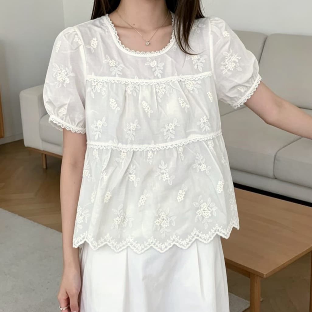 재고 있음 프랑스식 달콤함 자수 꽃 거품 소매 라운드 넥 여성 셔츠 여름 레이스 레이스 연령 감소 치마 맨위 상세 이미지 2