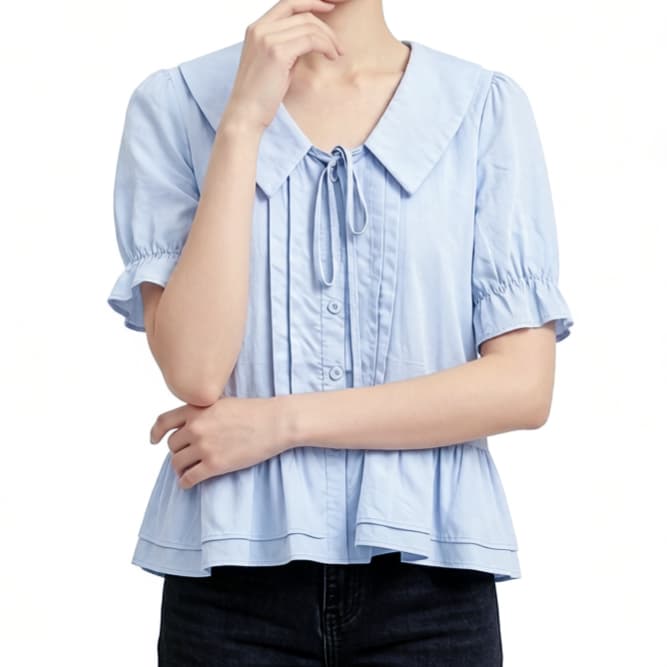 재고 있음 한 부서 베이비 칼라 거품 소매 여성 셔츠 여름 달콤함 연령 감소 레이스업 슬림해 보이는 작은 키 셔츠 맨위