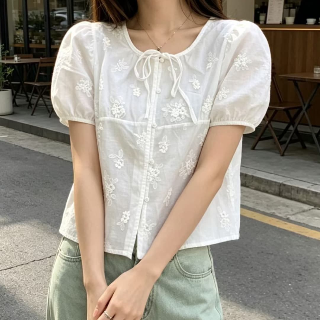 재고 있음 새로운 한 여성 디자인 센스 작은 대중 레이스업 나비 매듭 반팔 맨위 숙녀 신선함 라운드 넥 품격 달콤함 상세 이미지 2