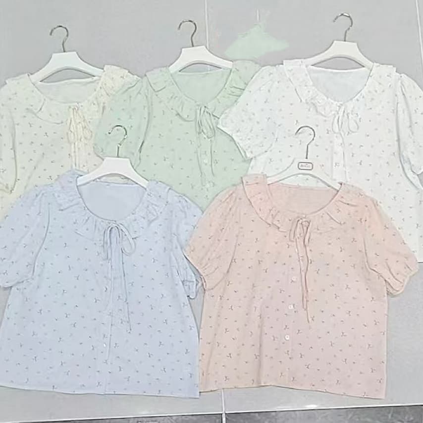 재고 있음 프랑스식 달콤함 파란색 꽃무늬 반팔 여성 셔츠 여름 새로운 루즈핏 나비 매듭 베이비 칼라 맨위 상세 이미지 1