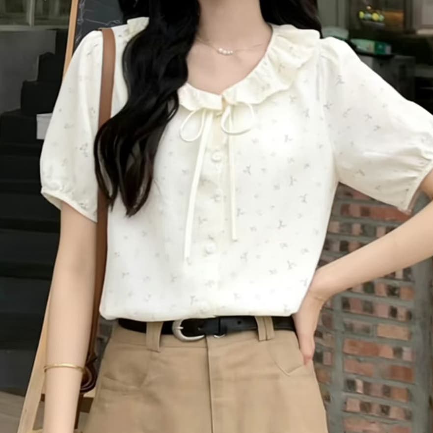 재고 있음 프랑스식 달콤함 파란색 꽃무늬 반팔 여성 셔츠 여름 새로운 루즈핏 나비 매듭 베이비 칼라 맨위 상세 이미지 8