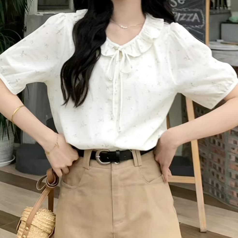 재고 있음 프랑스식 달콤함 파란색 꽃무늬 반팔 여성 셔츠 여름 새로운 루즈핏 나비 매듭 베이비 칼라 맨위 상세 이미지 9