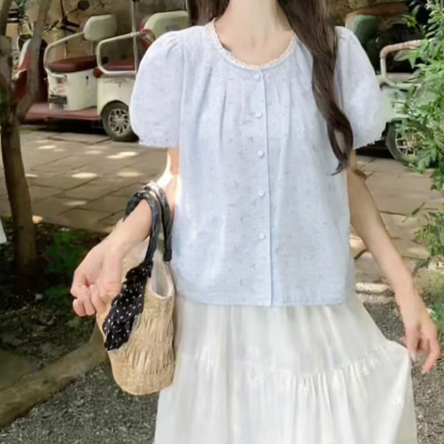 재고 있음 작은 꽃무늬 라운드 넥 셔츠 다용도 프린트 맨위 여성 여름 새로운 품격 작은 셔츠 몸매 가꾸기 슬림해 보이는 반팔 이미지 5