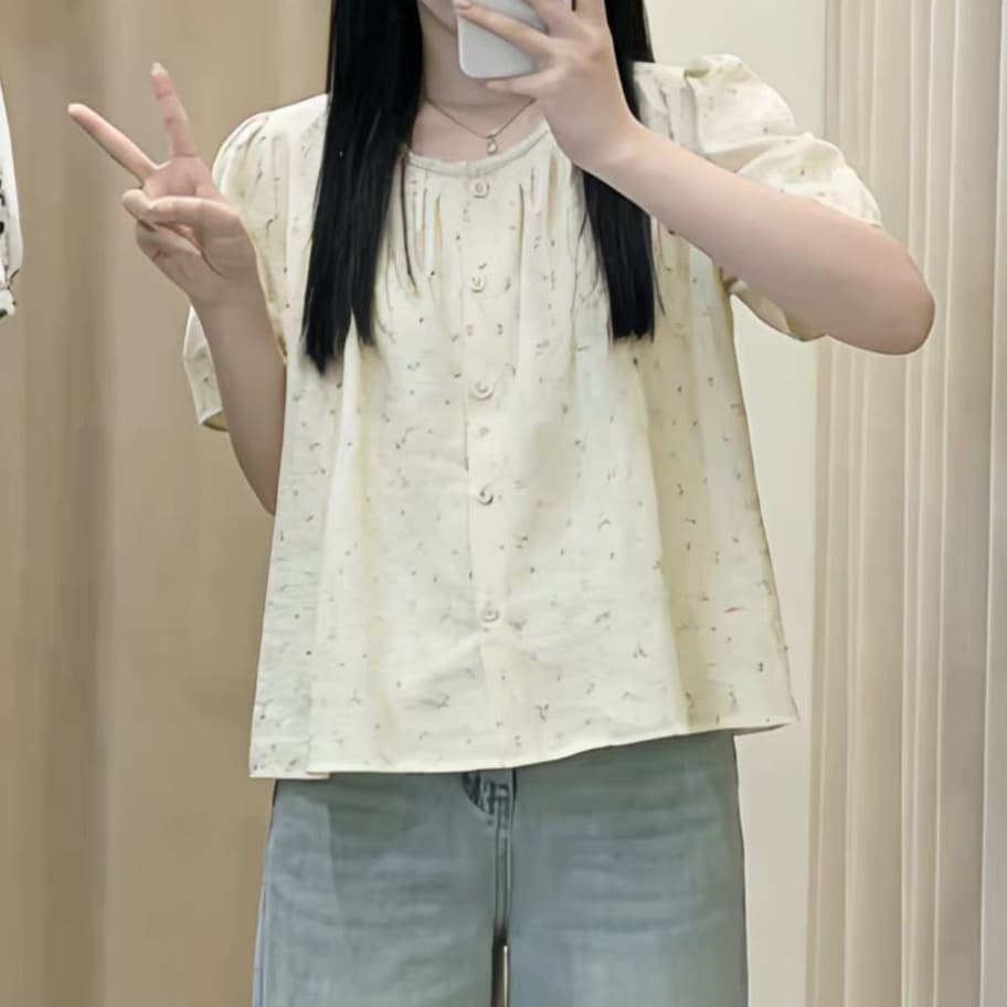 재고 있음 작은 꽃무늬 라운드 넥 셔츠 다용도 프린트 맨위 여성 여름 새로운 품격 작은 셔츠 몸매 가꾸기 슬림해 보이는 반팔 이미지 4