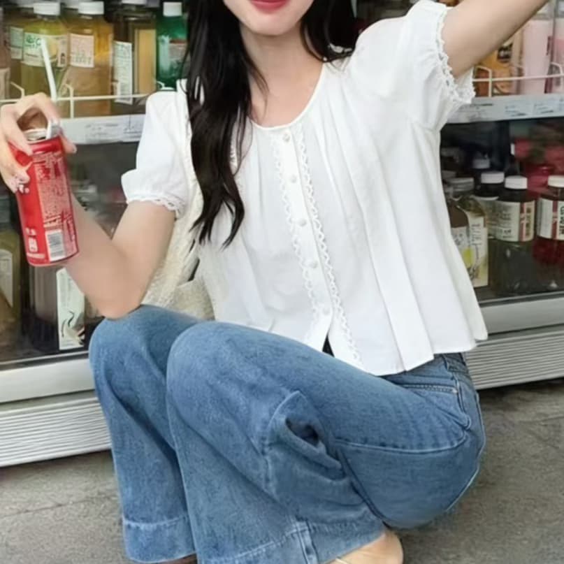 재고 있음 소녀 반팔 문예 티셔츠 여름 새로운 루즈핏 높음 중학교 학생 소녀 민족 스타일 레이스 셔츠 이미지 4