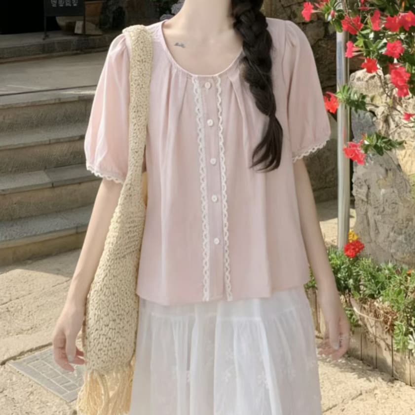 재고 있음 소녀 반팔 문예 티셔츠 여름 새로운 루즈핏 높음 중학교 학생 소녀 민족 스타일 레이스 셔츠 상세 이미지 6