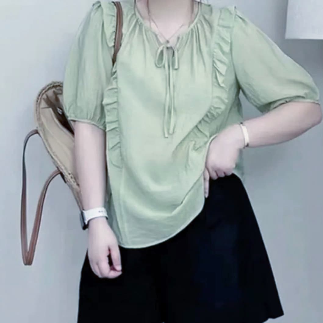 재고 있음 프랑스식 핑크색 쉬폰 반팔 여성 셔츠 여름 새로운 폭발 셔츠 품격 고급 센스 고유 한 맨위 이미지 2