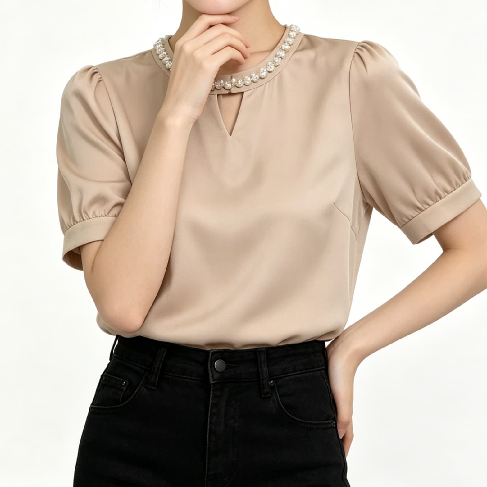 재고 있음 여름 새로운 부드러운 바람 진주 장식 홀로우 아웃 라운드 넥 반팔 여성 의류 품격 우아함 새틴 맨위 상세 이미지 3