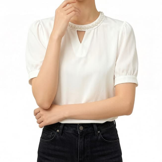 재고 있음 여름 새로운 부드러운 바람 진주 장식 홀로우 아웃 라운드 넥 반팔 여성 의류 품격 우아함 새틴 맨위 상세 이미지 6