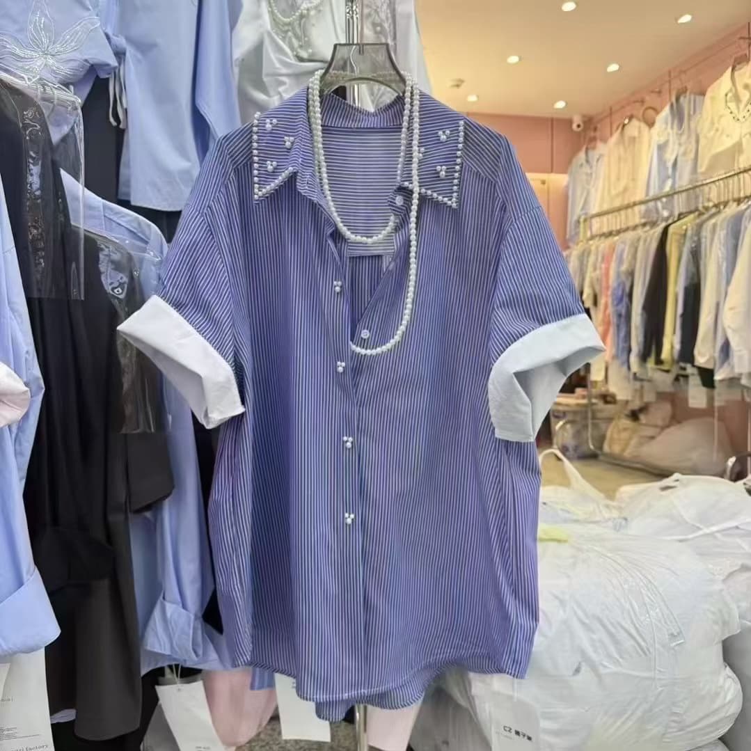 재고 있음 여름 아메리칸 레트로 스트라이프 반팔 셔츠 루즈핏 연령 감소 캐주얼 다용도 비즈 박기 화이트 커프스 셔츠 이미지 5