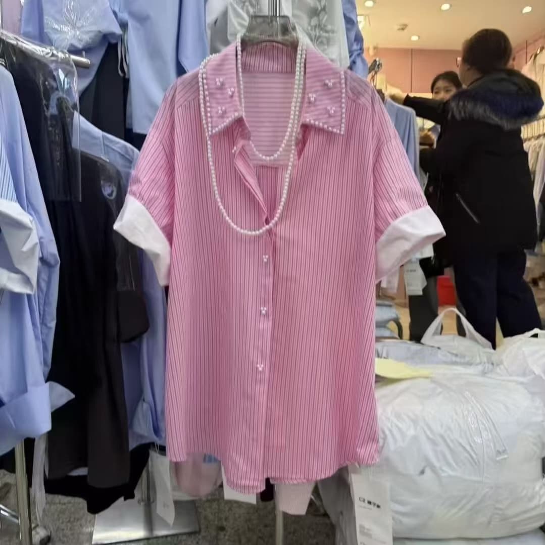 재고 있음 여름 아메리칸 레트로 스트라이프 반팔 셔츠 루즈핏 연령 감소 캐주얼 다용도 비즈 박기 화이트 커프스 셔츠 상세 이미지 1