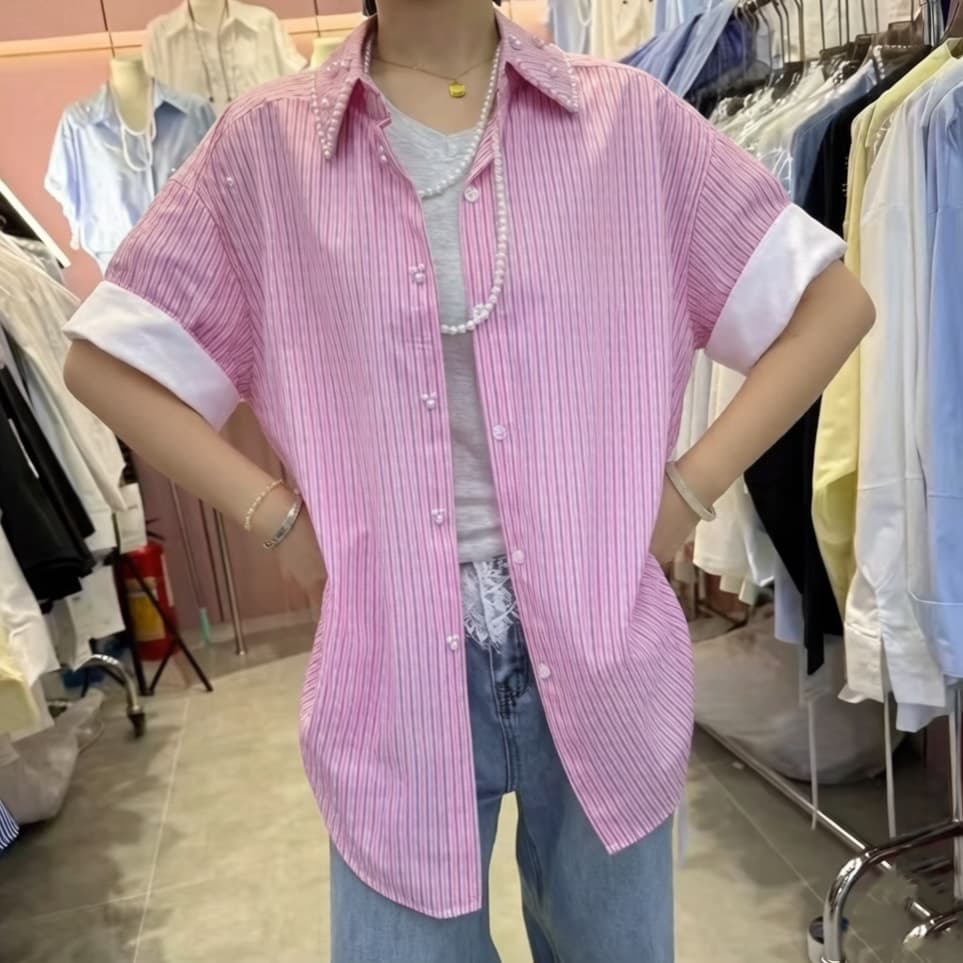 재고 있음 여름 아메리칸 레트로 스트라이프 반팔 셔츠 루즈핏 연령 감소 캐주얼 다용도 비즈 박기 화이트 커프스 셔츠 상세 이미지 4
