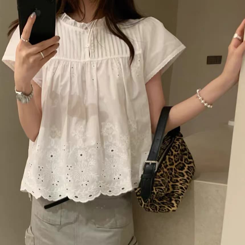 재고 있음 유럽과 미국 자수 꽃 프릴 칼라 반팔 여성 셔츠 인형 셔츠 다용도 여름 달콤한 스타일 식물 꽃무늬 상세 이미지 5