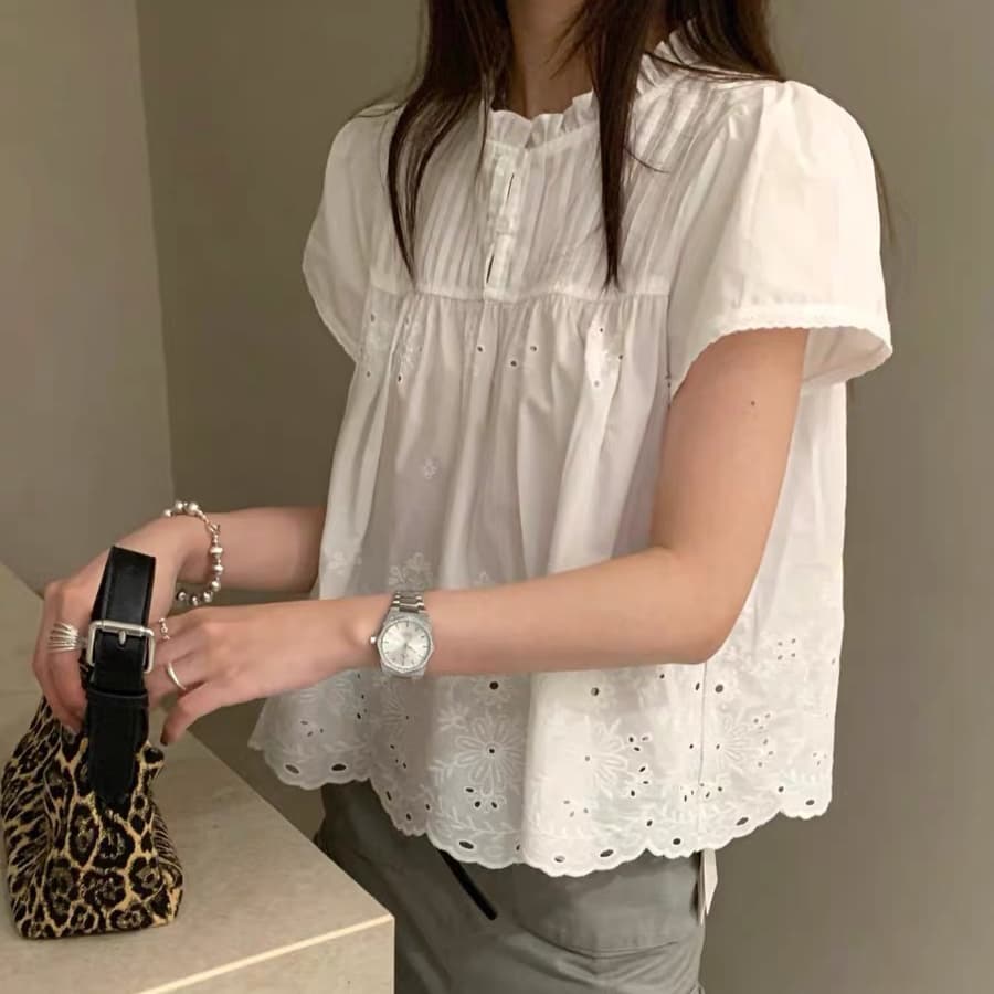 재고 있음 유럽과 미국 자수 꽃 프릴 칼라 반팔 여성 셔츠 인형 셔츠 다용도 여름 달콤한 스타일 식물 꽃무늬 상세 이미지 6