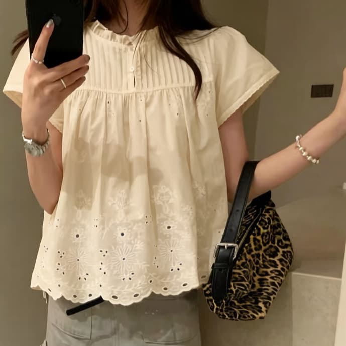 재고 있음 유럽과 미국 자수 꽃 프릴 칼라 반팔 여성 셔츠 인형 셔츠 다용도 여름 달콤한 스타일 식물 꽃무늬 상세 이미지 7