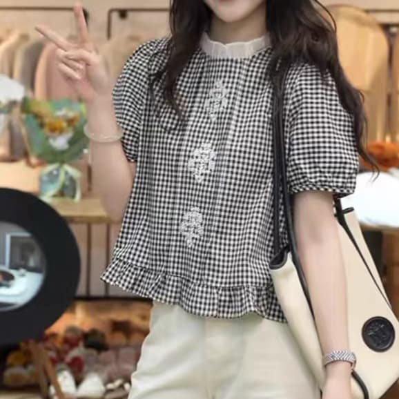 재고 있음 프랑스식 품격 프릴 체크무늬 여성 셔츠 여름 새로운 루즈핏 슬림해 보이는 다용도 반팔 작은 키 맨위 상세 이미지 2