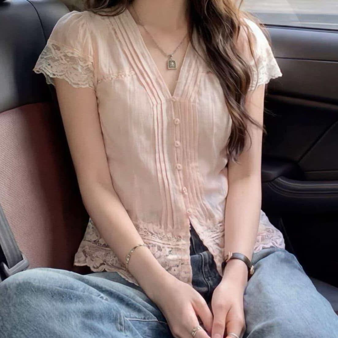 재고 있음 화이트 레이스 조각 반팔 여성 셔츠 여름 새로운 달콤한 스타일 연령 감소 다용도 슬림해 보이는 얇은 스타일 맨위 상세 이미지 6