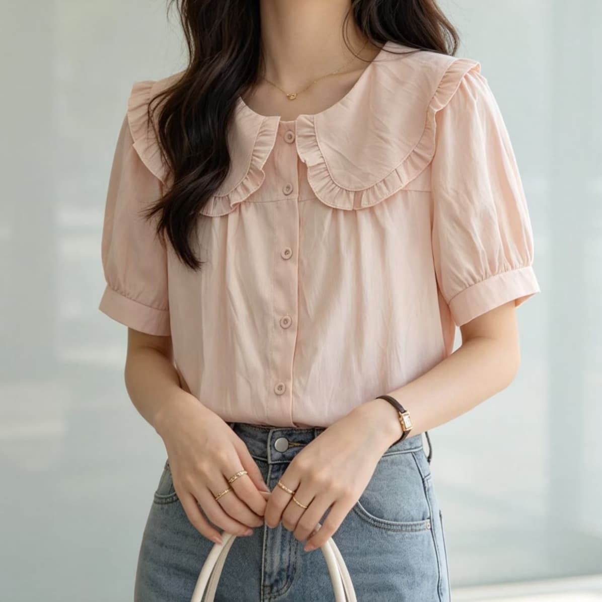 재고 있음 일본식 달콤한 스타일 베이비 칼라 프릴 반팔 여성 셔츠 다용도 고급 센스 작은 키 품격 맨위