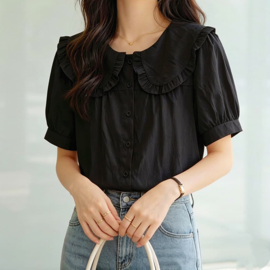 재고 있음 일본식 달콤한 스타일 베이비 칼라 프릴 반팔 여성 셔츠 다용도 고급 센스 작은 키 품격 맨위 이미지 2