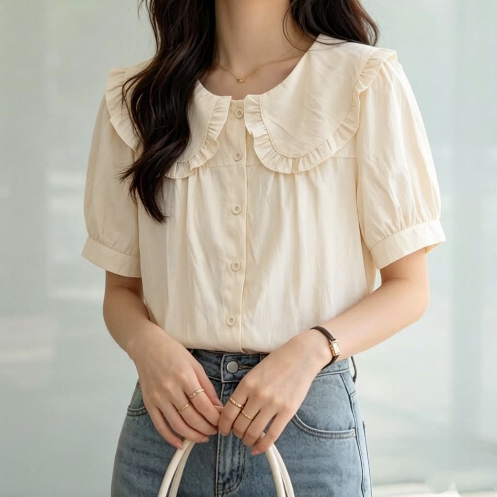 재고 있음 일본식 달콤한 스타일 베이비 칼라 프릴 반팔 여성 셔츠 다용도 고급 센스 작은 키 품격 맨위 이미지 4