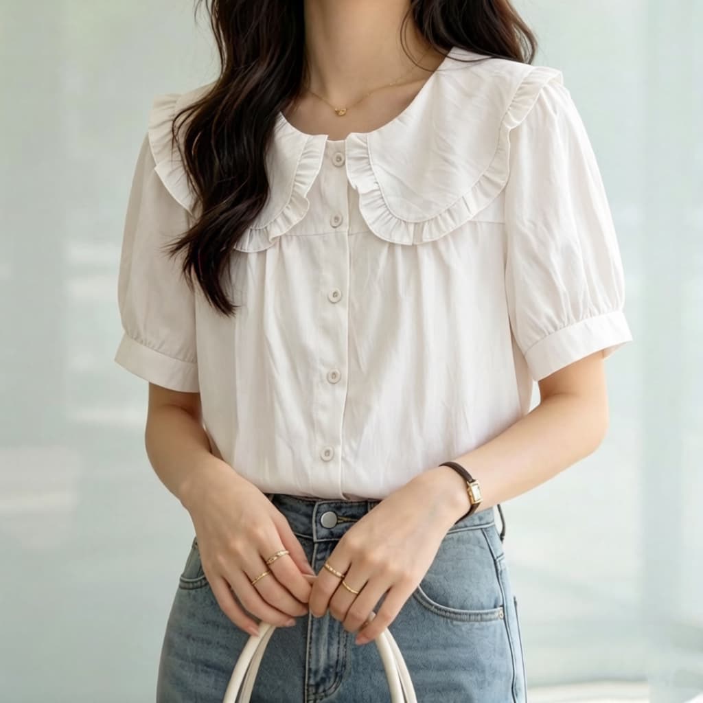 재고 있음 일본식 달콤한 스타일 베이비 칼라 프릴 반팔 여성 셔츠 다용도 고급 센스 작은 키 품격 맨위 상세 이미지 4