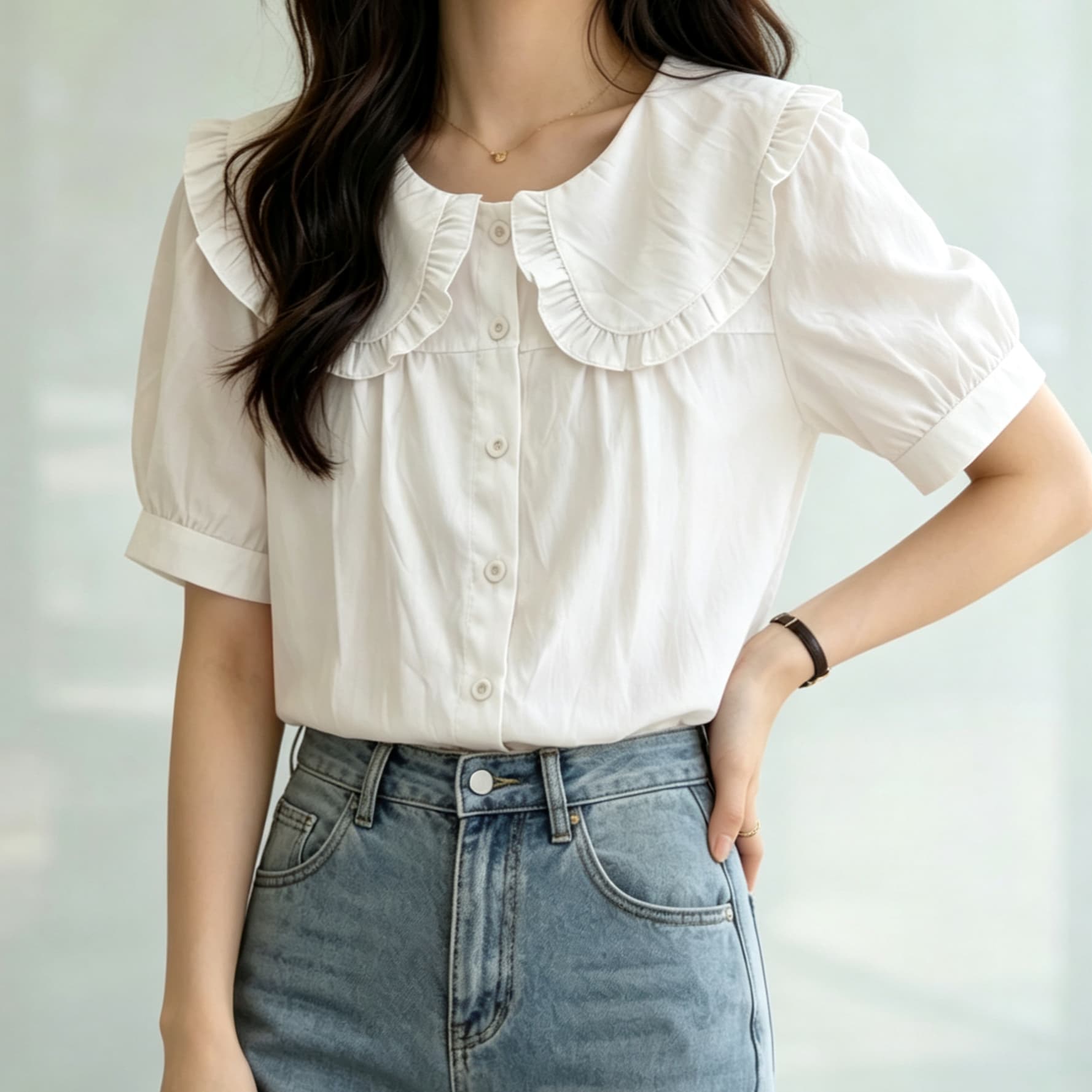 재고 있음 일본식 달콤한 스타일 베이비 칼라 프릴 반팔 여성 셔츠 다용도 고급 센스 작은 키 품격 맨위 상세 이미지 5