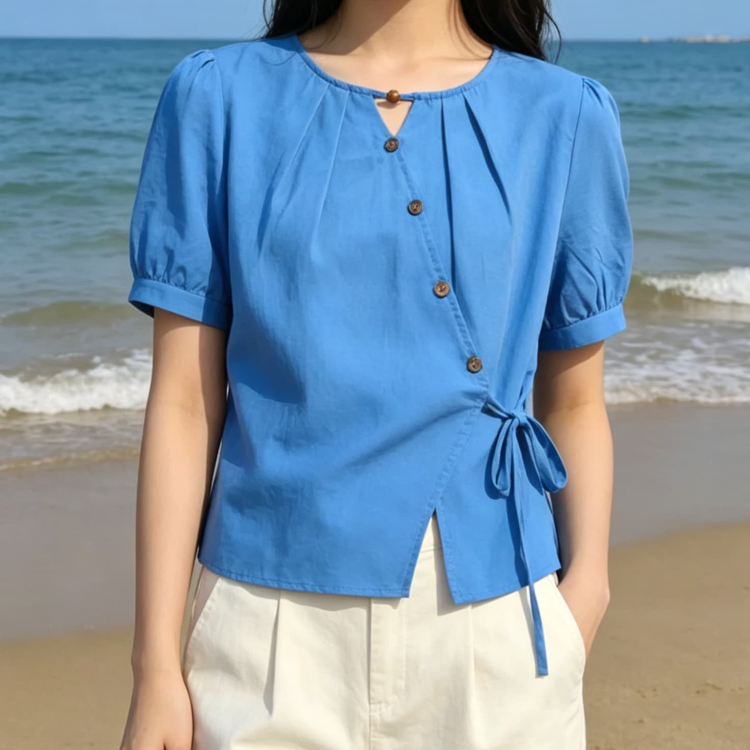 재고 있음 파란색 허리 수축 쉬폰 여성 셔츠 새로운 여름 드레스 레이스업 셔츠 외국 가스 작은 셔츠 작은 키 반팔 맨위 이미지 5