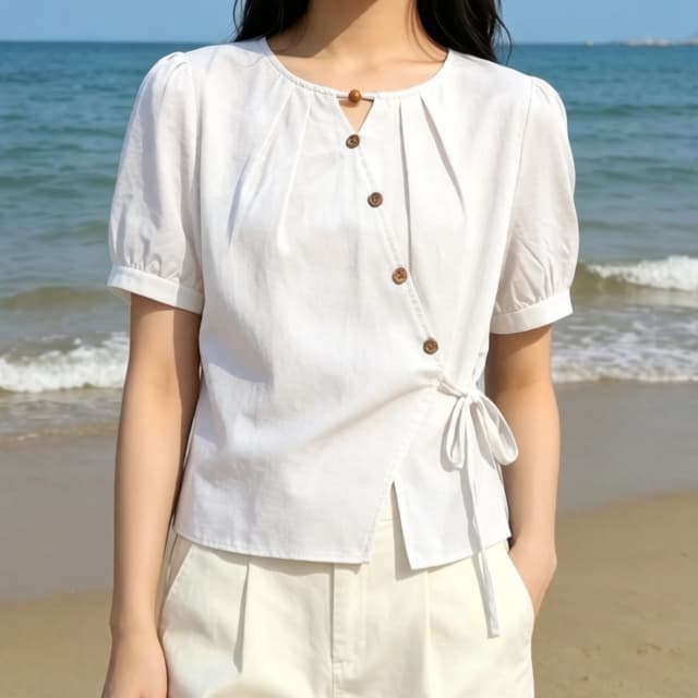 재고 있음 파란색 허리 수축 쉬폰 여성 셔츠 새로운 여름 드레스 레이스업 셔츠 외국 가스 작은 셔츠 작은 키 반팔 맨위 상세 이미지 5