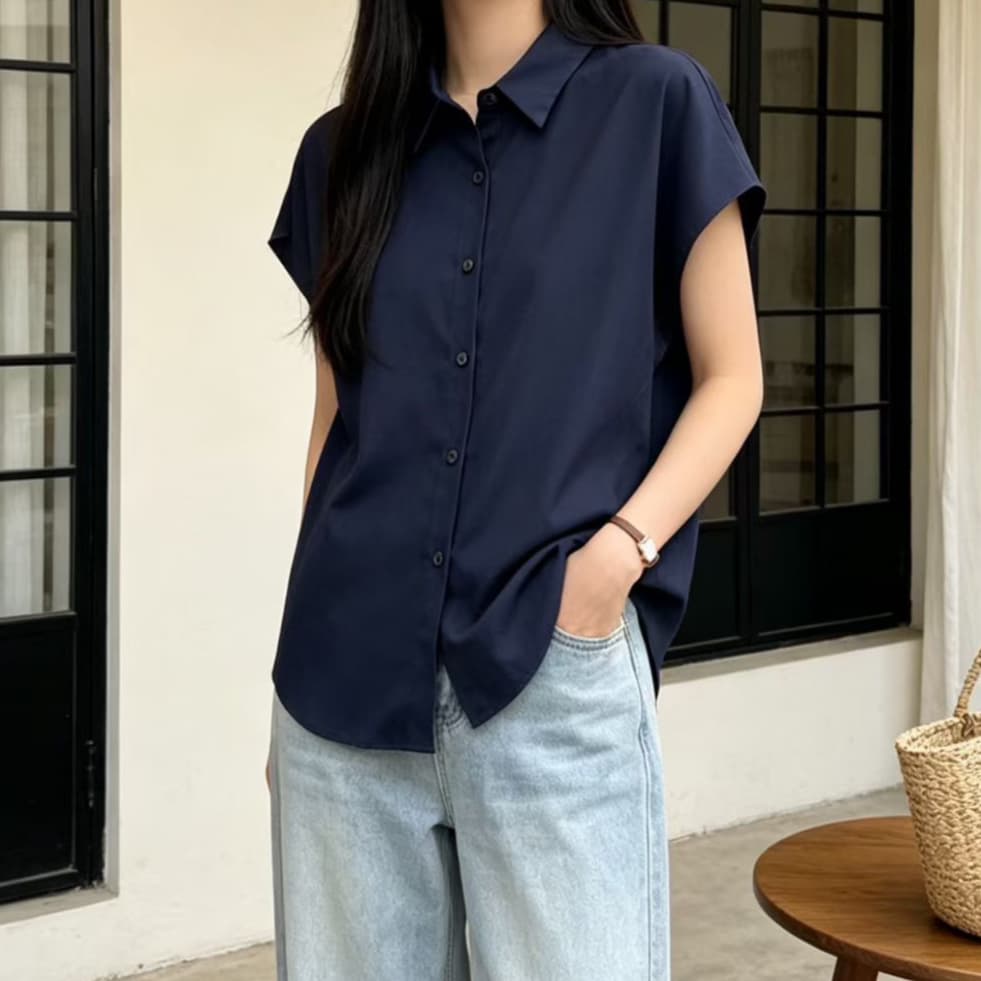 재고 있음 여름 새로운 미끄러짐 재료 쉬폰 블라우스 폴로 칼라 여성 셔츠 루즈핏 싱글 줄 버튼 민소매 뒤로 심장 안에 잡아라. 의류 경력 이미지 4