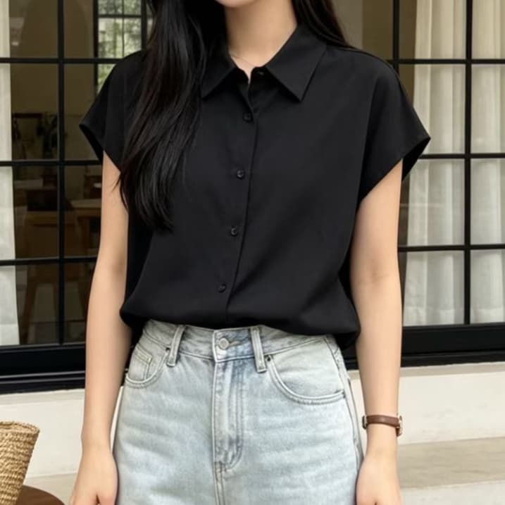 재고 있음 여름 새로운 미끄러짐 재료 쉬폰 블라우스 폴로 칼라 여성 셔츠 루즈핏 싱글 줄 버튼 민소매 뒤로 심장 안에 잡아라. 의류 경력 이미지 2