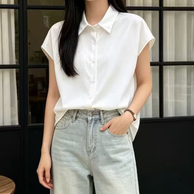 재고 있음 여름 새로운 미끄러짐 재료 쉬폰 블라우스 폴로 칼라 여성 셔츠 루즈핏 싱글 줄 버튼 민소매 뒤로 심장 안에 잡아라. 의류 경력 이미지 3