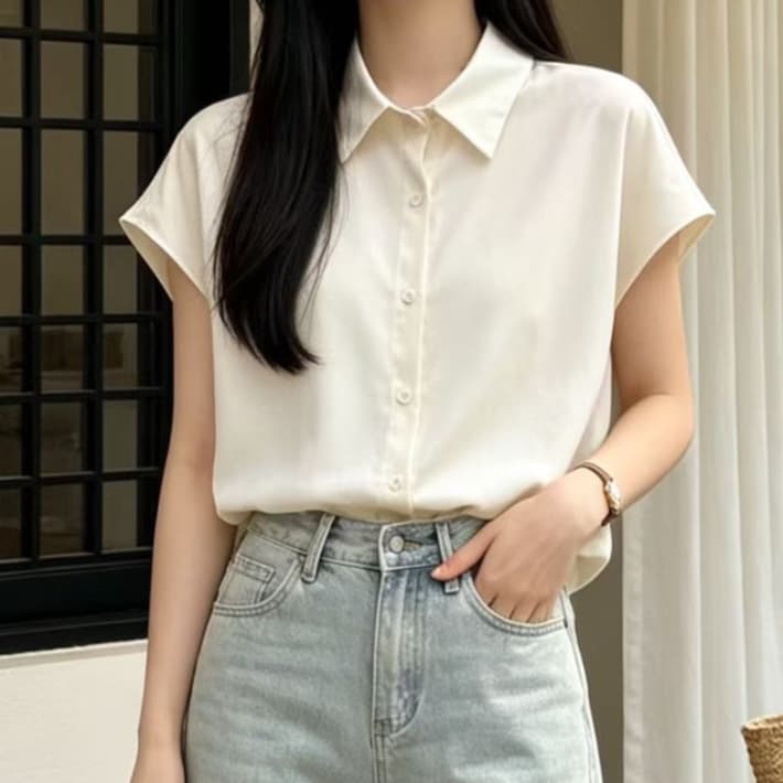 재고 있음 여름 새로운 미끄러짐 재료 쉬폰 블라우스 폴로 칼라 여성 셔츠 루즈핏 싱글 줄 버튼 민소매 뒤로 심장 안에 잡아라. 의류 경력