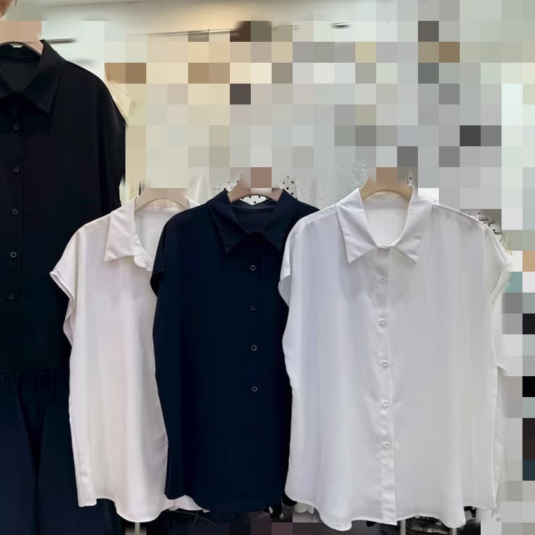 재고 있음 여름 새로운 미끄러짐 재료 쉬폰 블라우스 폴로 칼라 여성 셔츠 루즈핏 싱글 줄 버튼 민소매 뒤로 심장 안에 잡아라. 의류 경력 상세 이미지 1