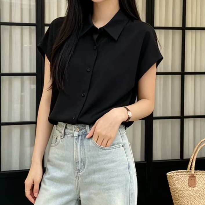 재고 있음 여름 새로운 미끄러짐 재료 쉬폰 블라우스 폴로 칼라 여성 셔츠 루즈핏 싱글 줄 버튼 민소매 뒤로 심장 안에 잡아라. 의류 경력 상세 이미지 3