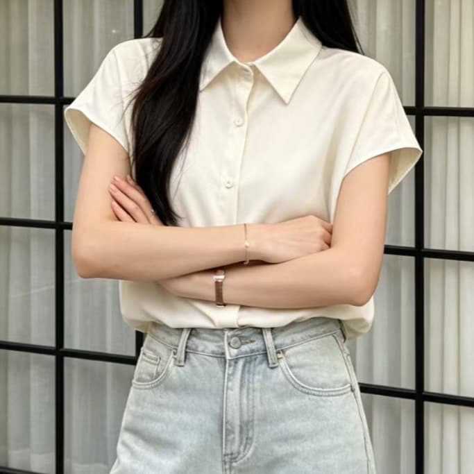재고 있음 여름 새로운 미끄러짐 재료 쉬폰 블라우스 폴로 칼라 여성 셔츠 루즈핏 싱글 줄 버튼 민소매 뒤로 심장 안에 잡아라. 의류 경력 상세 이미지 4